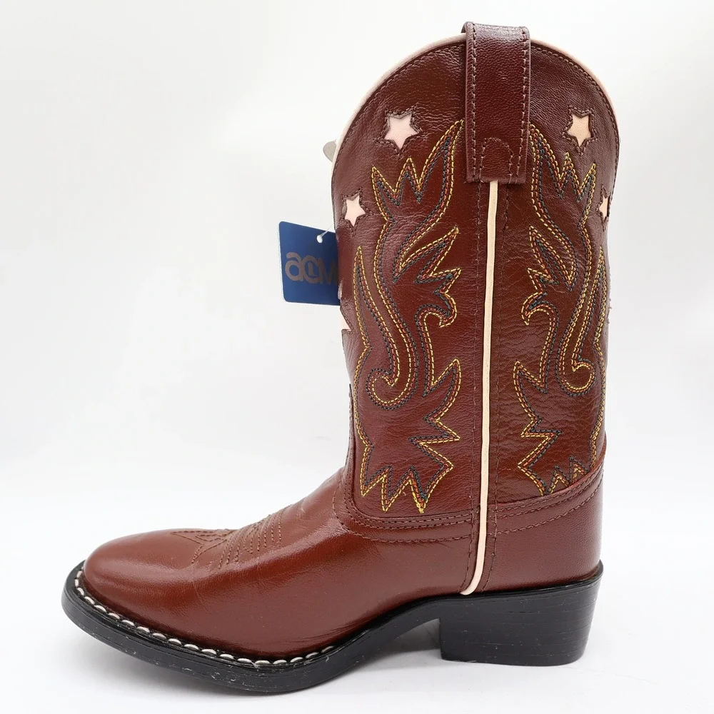 Acme Western Boots Childs 1 D Brown Star Inlay Leather New In Box Vintage Style